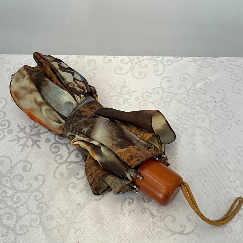 Folding Umbrella With Cat & Kitten Print Wooden Handle Compact For Travel